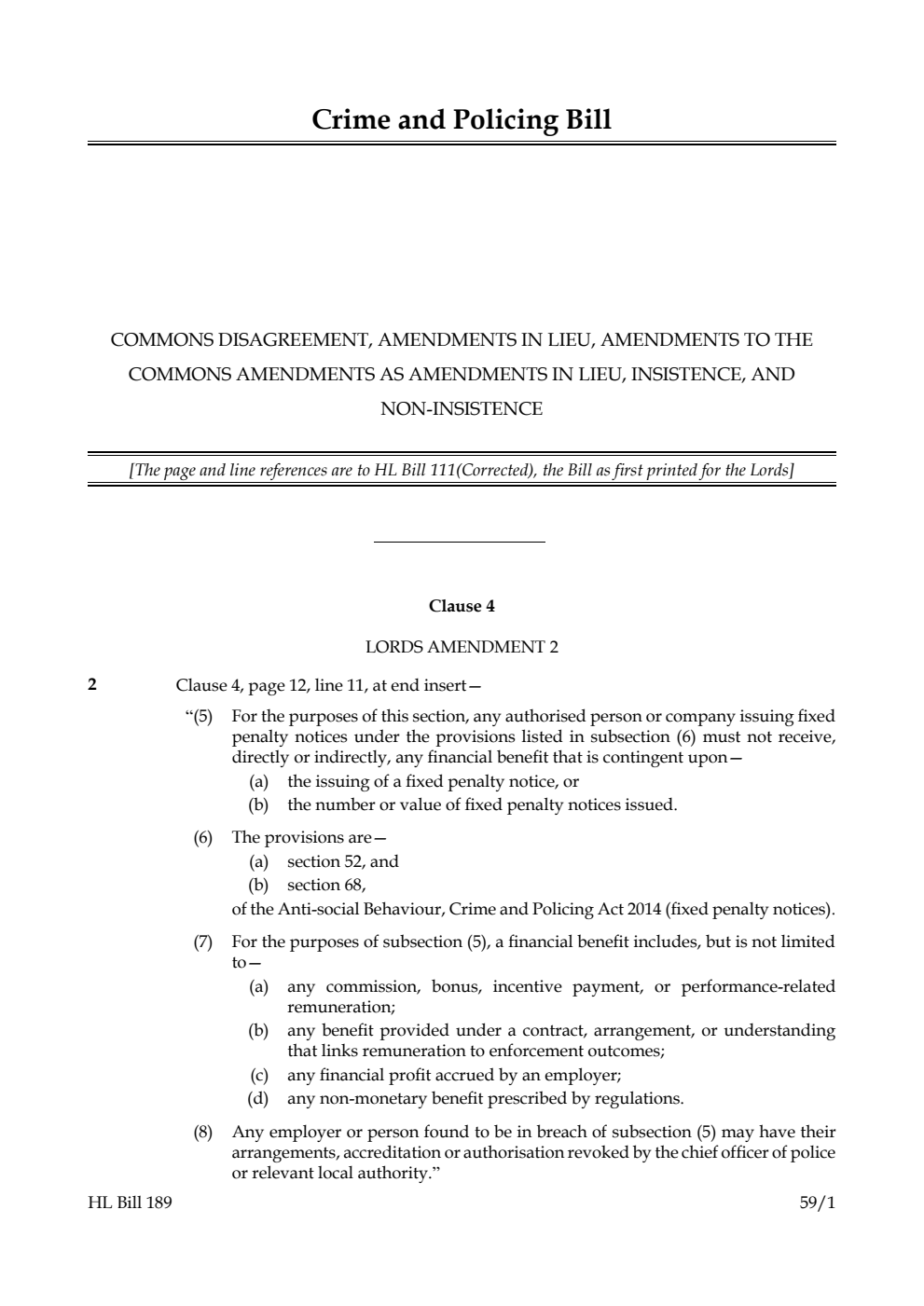 Crime and Policing Bill Commons disagreement, amendments in lieu, amendments to the Commons amendments as amendments in lieu, insistence, and non-insistence