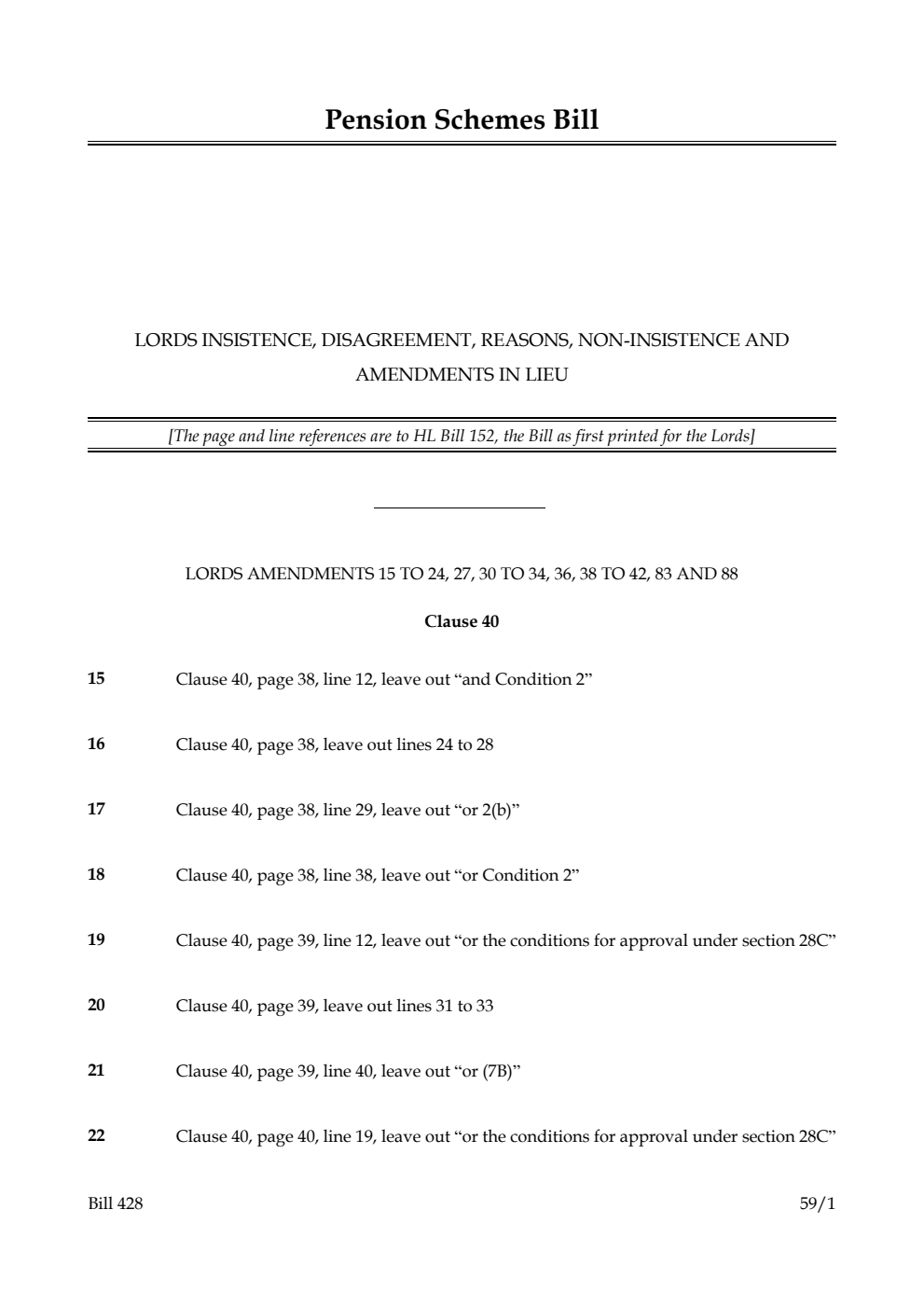 Pension Schemes Bill Lords insistence, disagreement, reasons, non-insistence and amendments in lieu