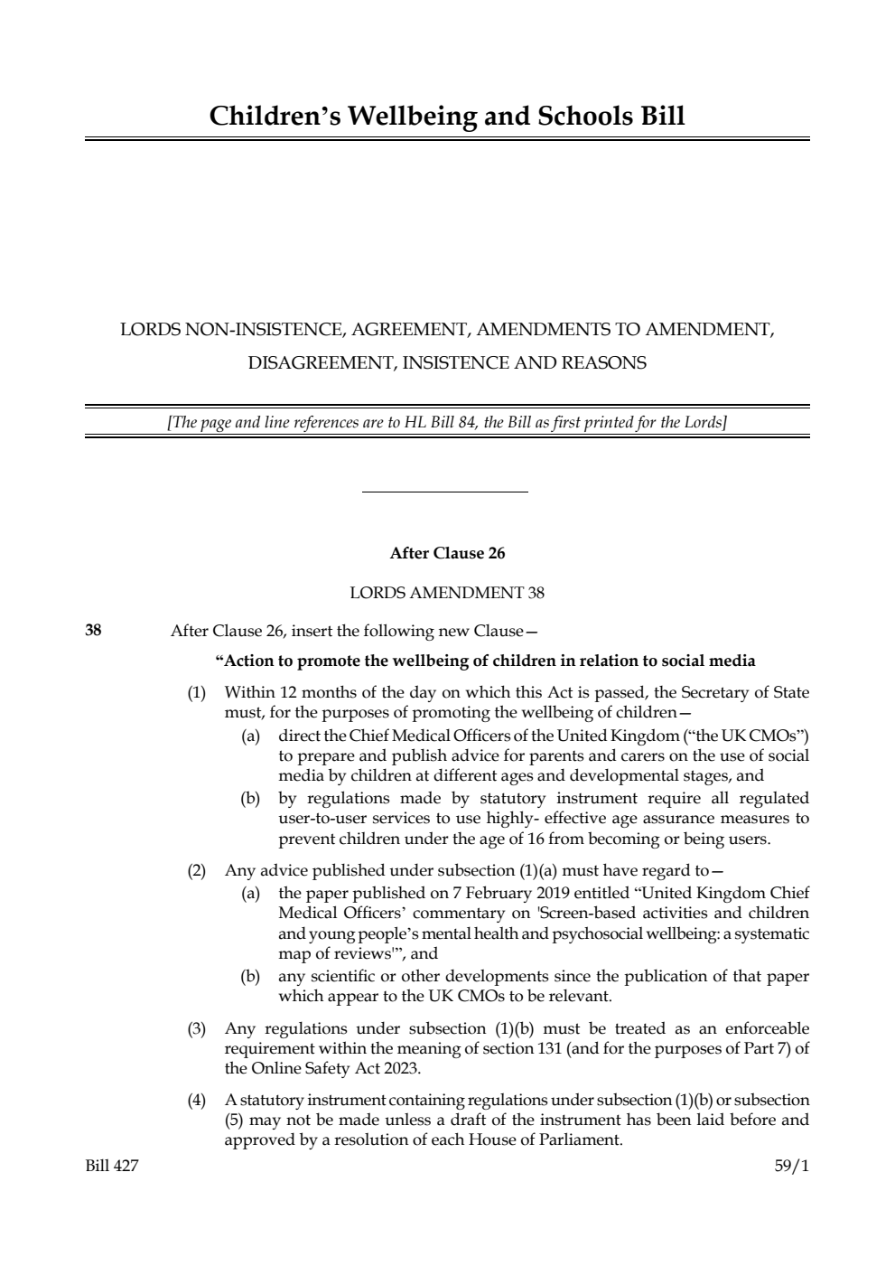 Children’s Wellbeing and Schools Bill Lords non-insistence, agreement, amendments to amendment, disagreement, insistence and reasons