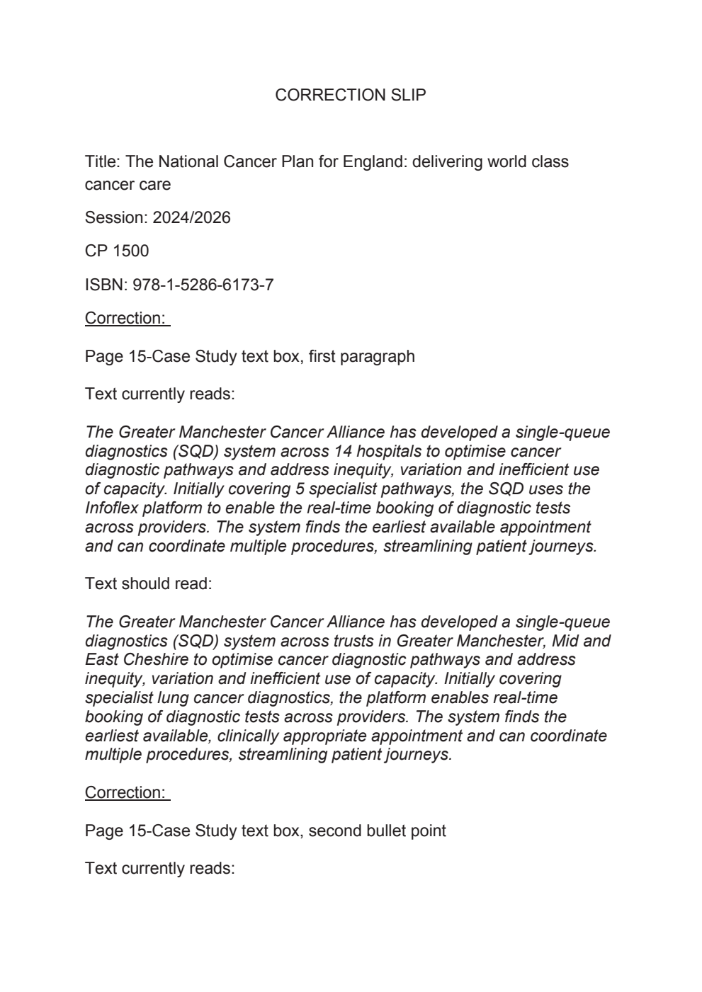 The National Cancer Plan for England: delivering world class cancer care. Correction Slip, March 2026