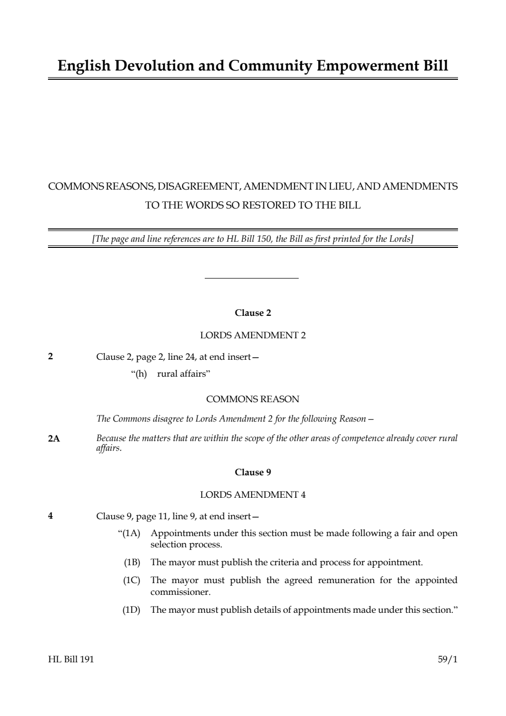 English Devolution and Community Empowerment Bill Commons reasons, disagreement, amendment in lieu, and amendments to the words so restored to the bill