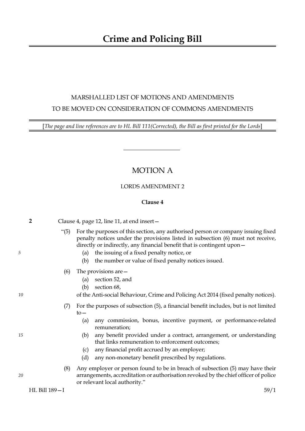 Crime and Policing Bill Marshalled List of motions and amendments to be moved on consideration of Commons amendments