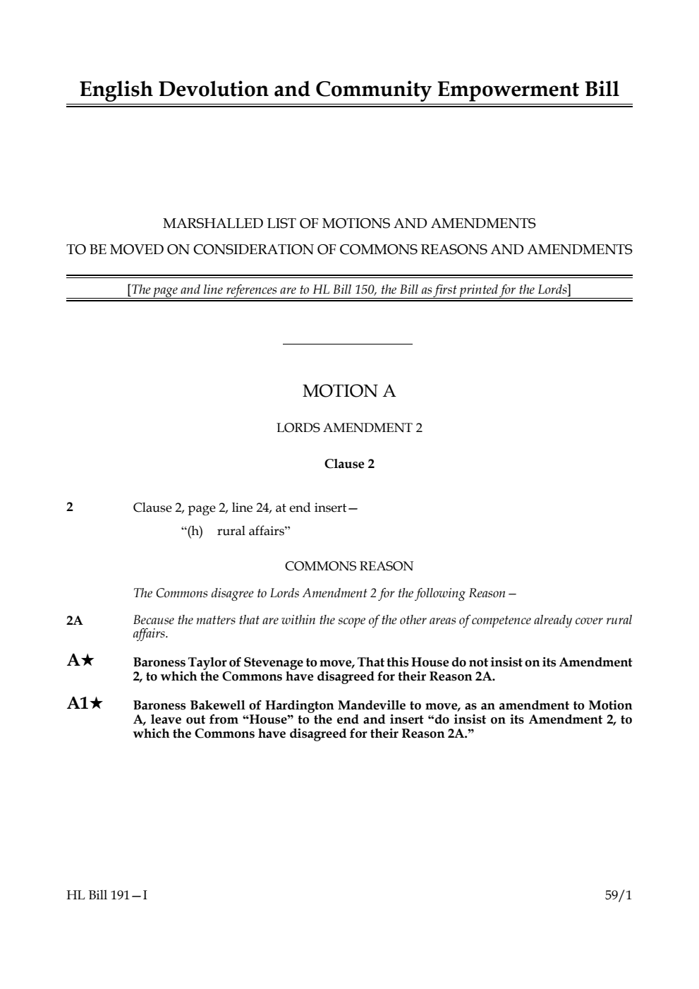 English Devolution and Community Empowerment Bill Marshalled List of motions and amendments to be moved on consideration of Commons reasons and amendments