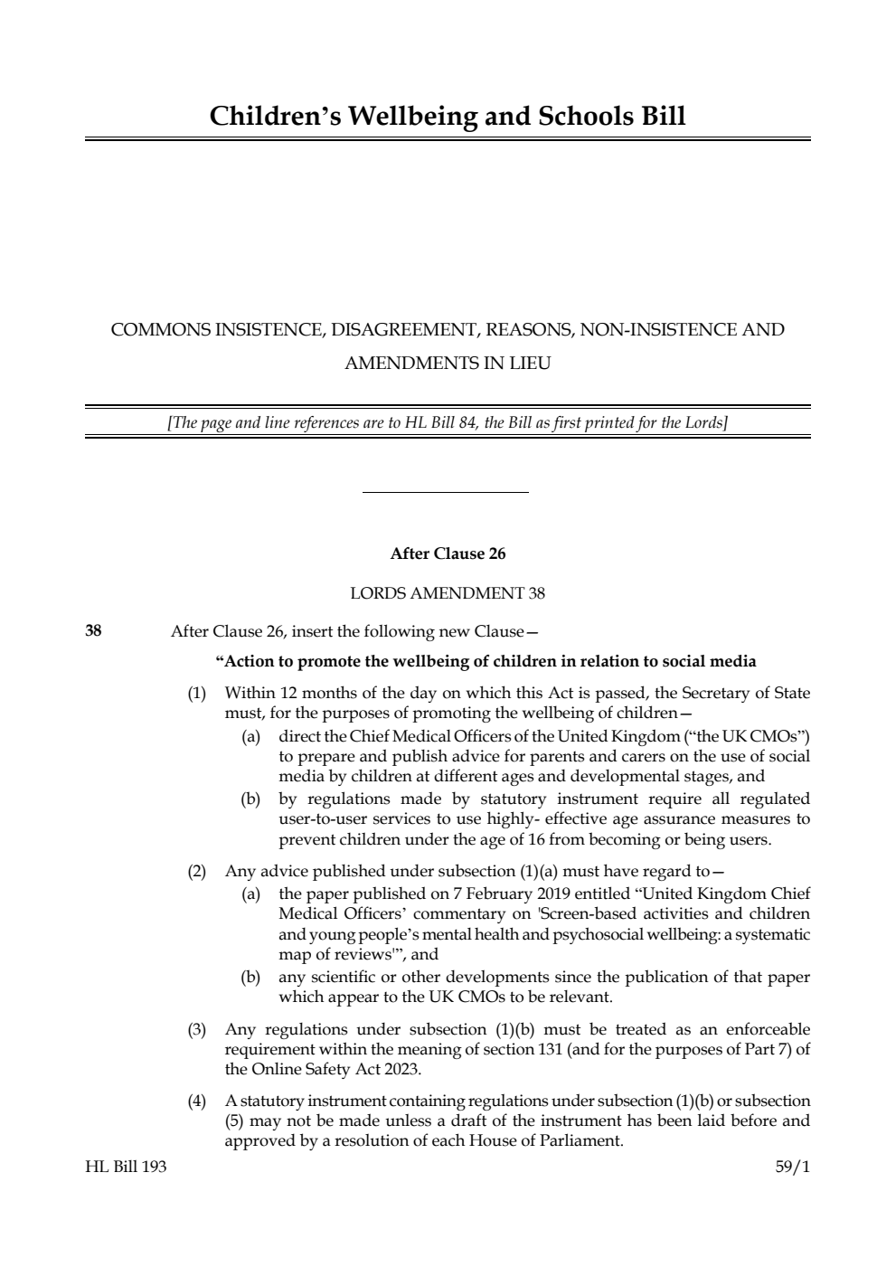 Children’s Wellbeing and Schools Bill Commons insistence, disagreement, reasons, non-insistence and amendments in lieu