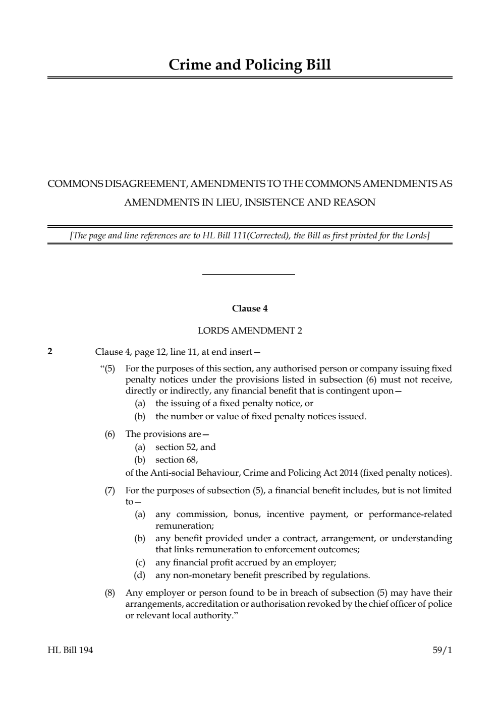 Crime and Policing Bill Commons disagreement, amendments to the Commons amendments as amendments in lieu, insistence and reason
