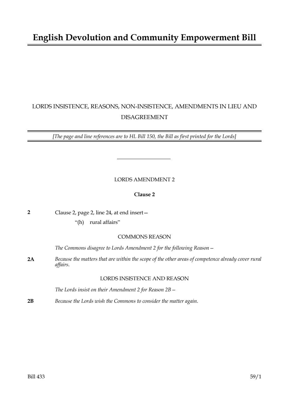 English Devolution and Community Empowerment Bill Lords insistence, reasons, non-insistence, amendments in lieu and disagreement