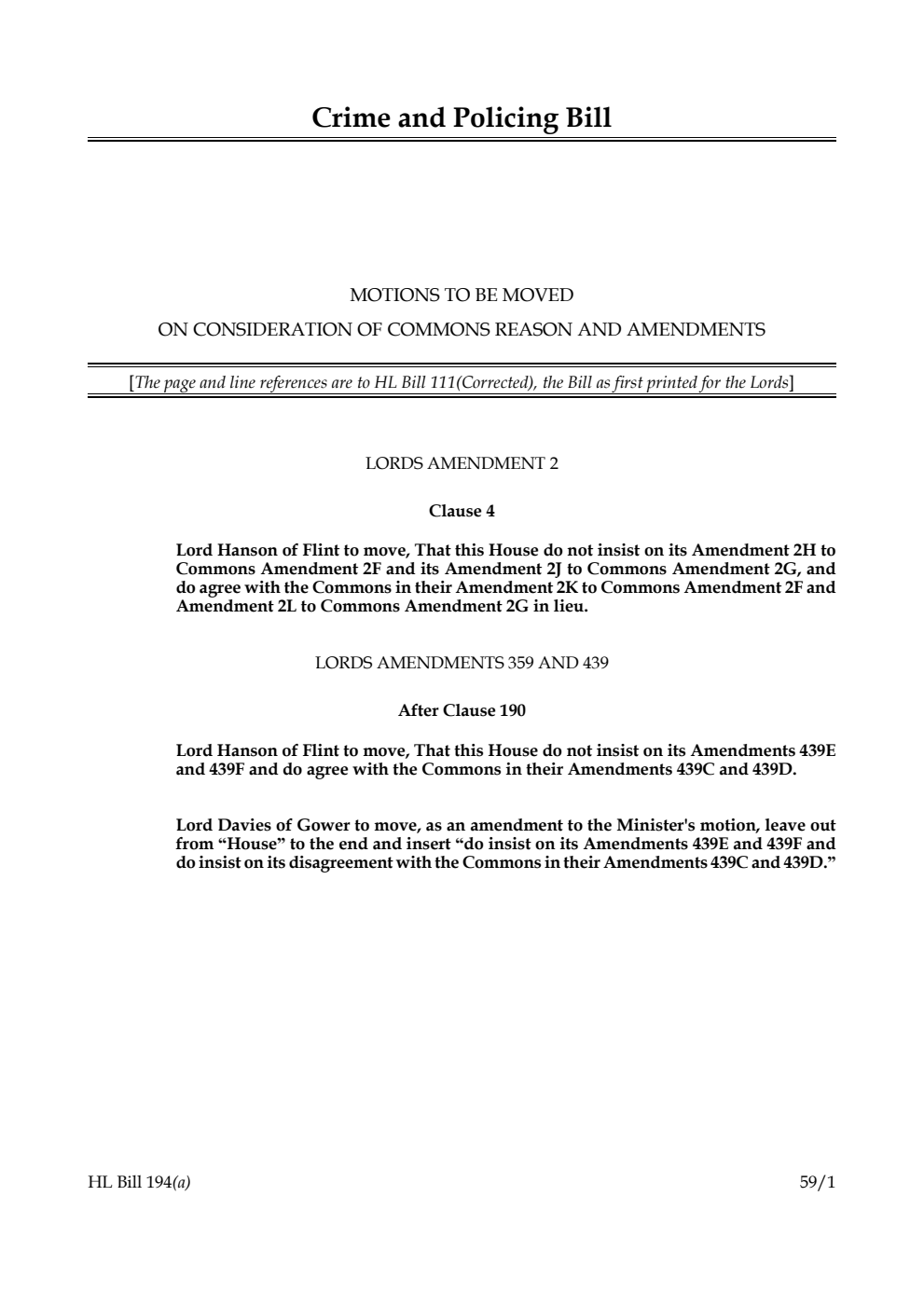 Crime and Policing Bill Motions to be moved on consideration of Commons reason and amendments