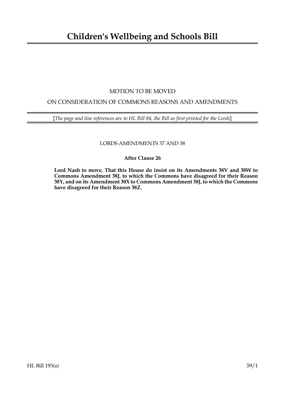 Children's Wellbeing and Schools Bill Motion to be moved on consideration of Commons reasons and amendments