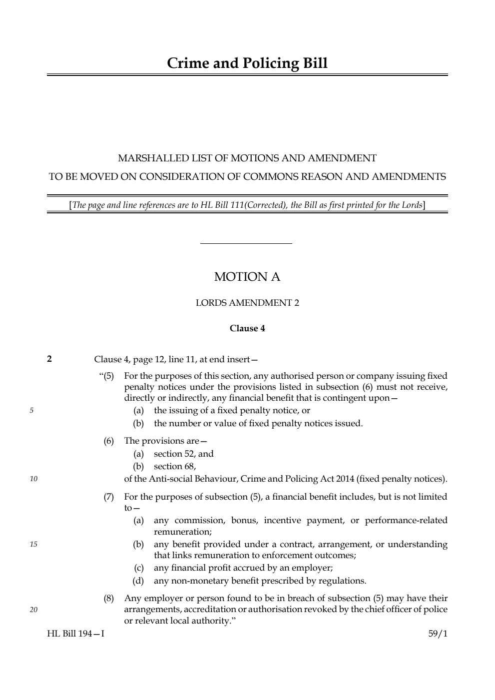 Crime and Policing Bill Marshalled List of motions and amendment to be moved on consideration of Commons reason and amendments