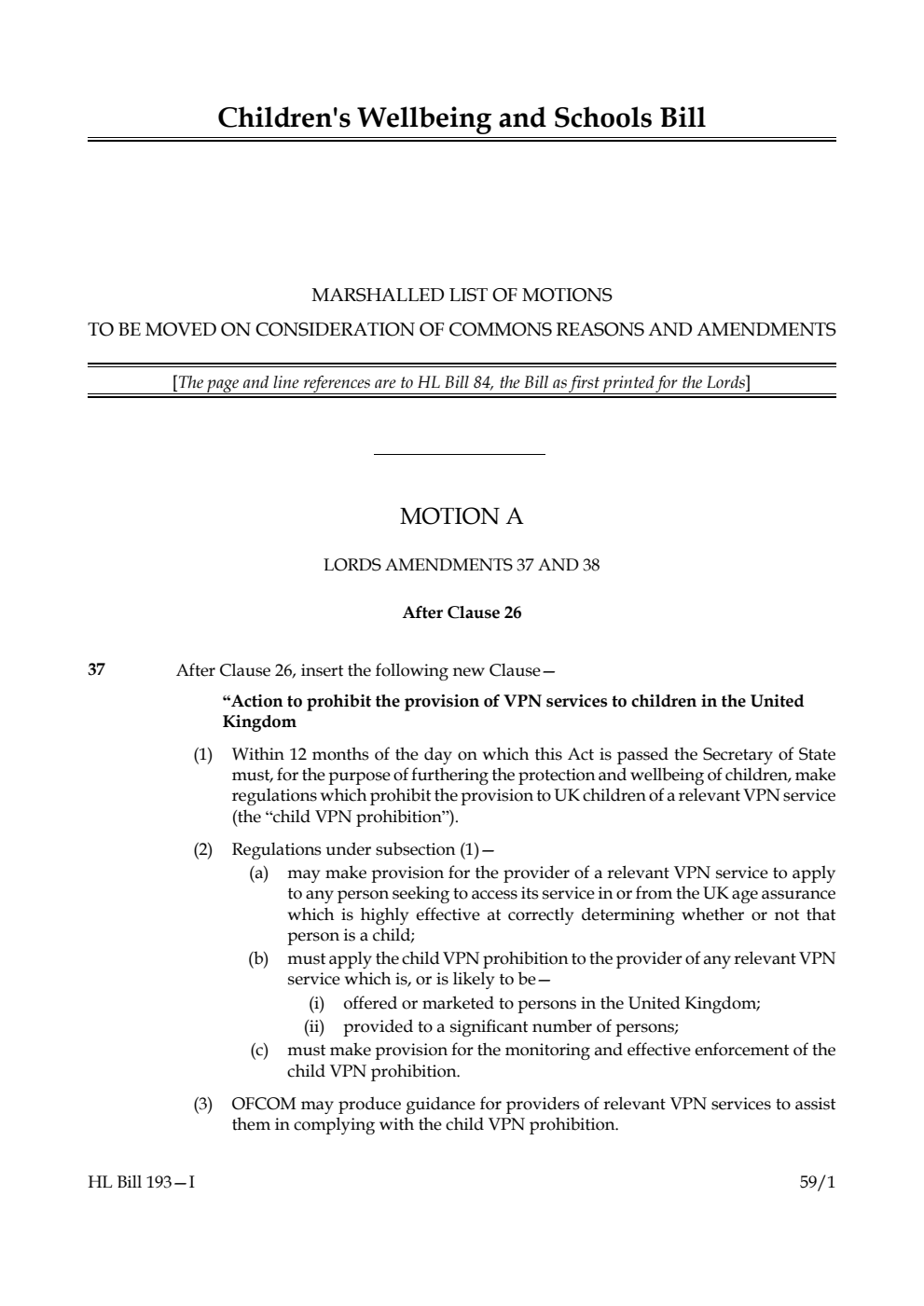 Children's Wellbeing and Schools Bill Marshalled List of motions to be moved on consideration of Commons reasons and amendments