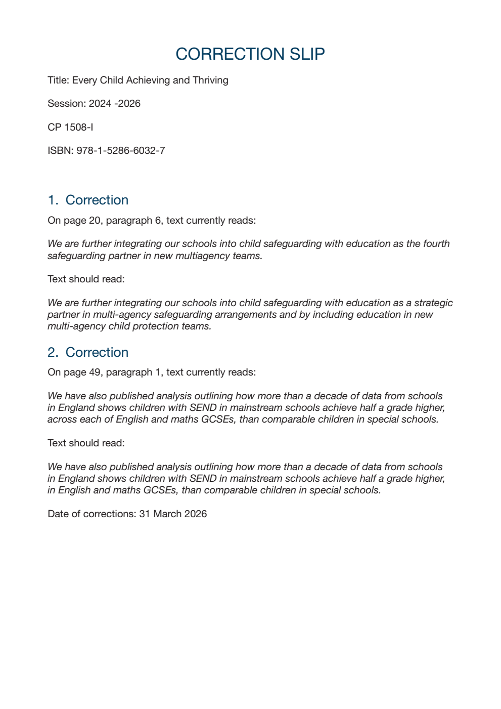 Every Child Achieving and Thriving. Correction Slip, March 2026