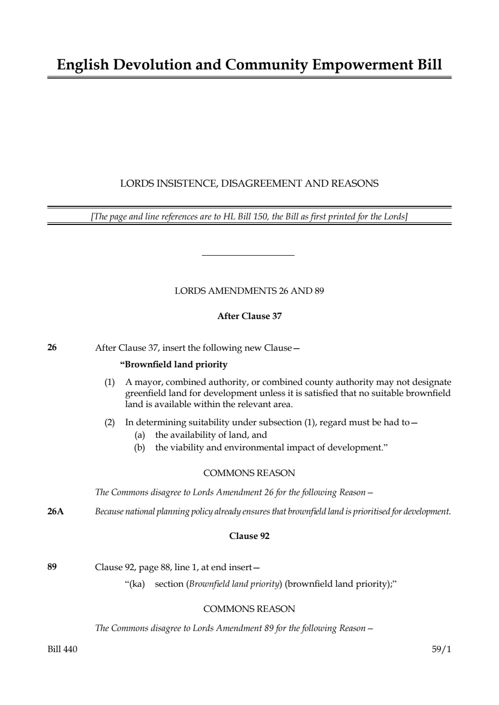 English Devolution and Community Empowerment Bill Lords insistence, disagreement and reasons