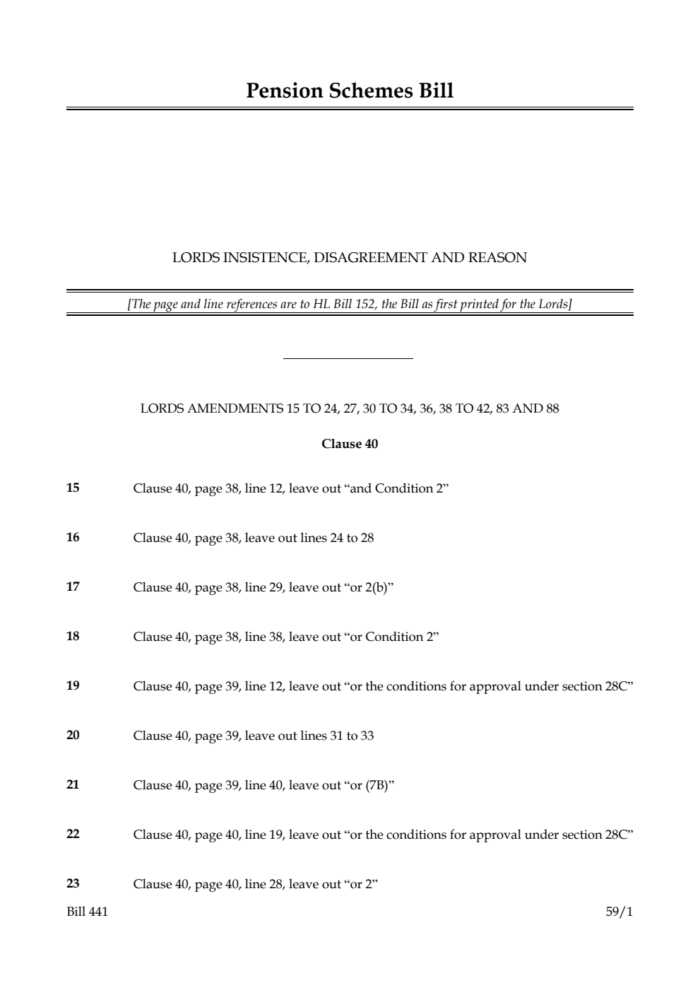 Pension Schemes Bill Lords insistence, disagreement and reason