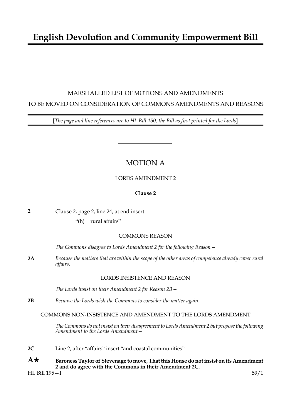 English Devolution and Community Empowerment Bill Marshalled List of motions and amendments to be moved on consideration of Commons amendments and reasons