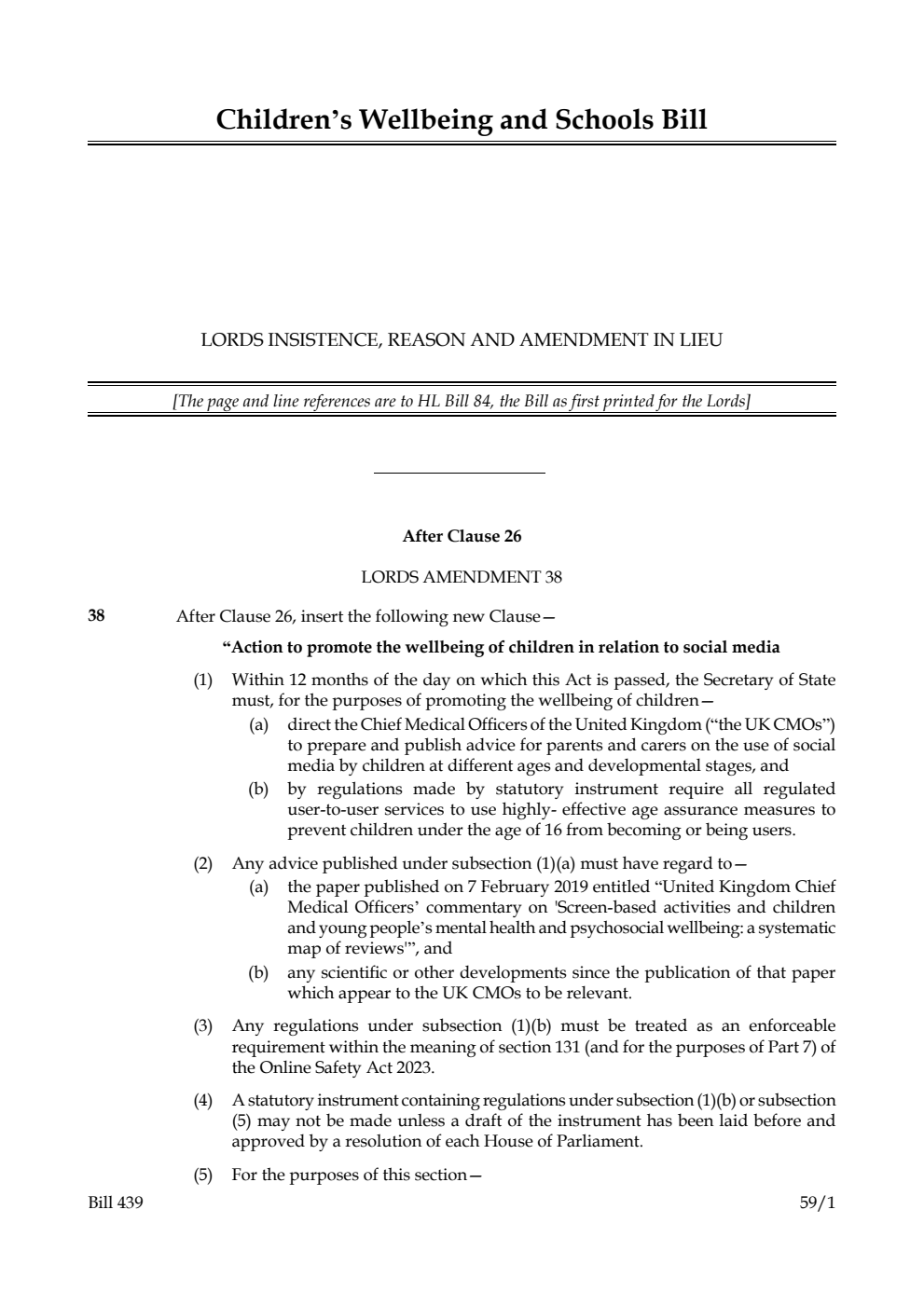 Children’s Wellbeing and Schools Bill Lords insistence, reason and amendment in lieu