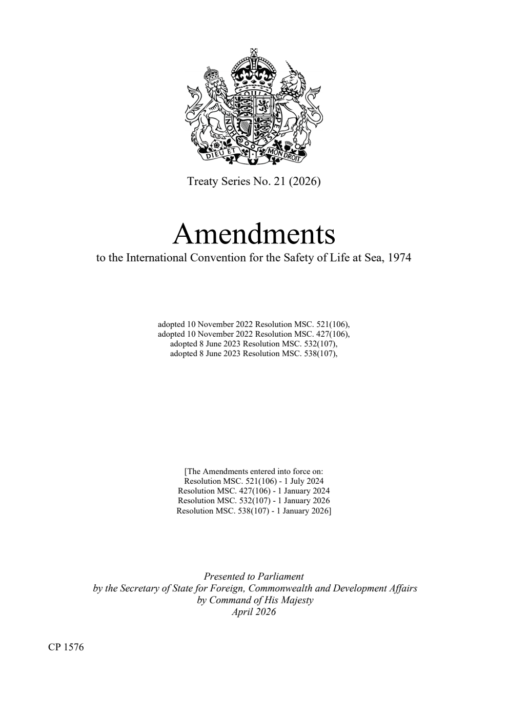 Treaty Series No. 21 (2026) Amendments to the International Convention for the Safety of Life at Sea, 1974