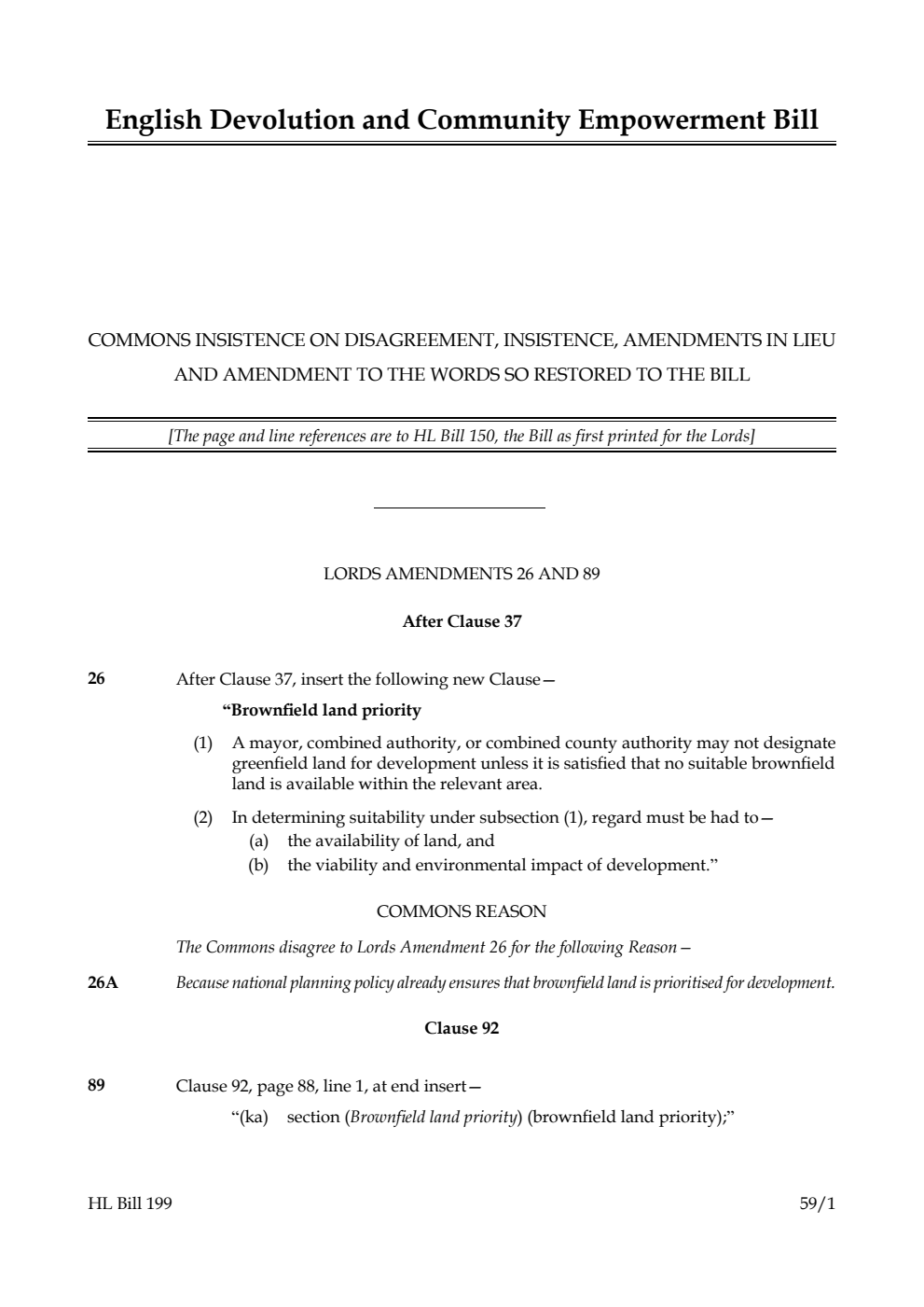 English Devolution and Community Empowerment Bill Commons insistence on disagreement, insistence, amendments in lieu and amendment to the words so restored to the bill