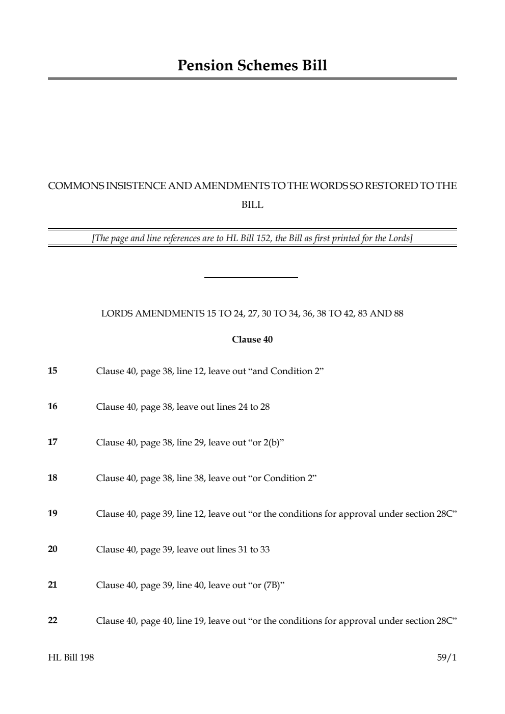 Pension Schemes Bill Commons insistence and amendments to the words so restored to the bill