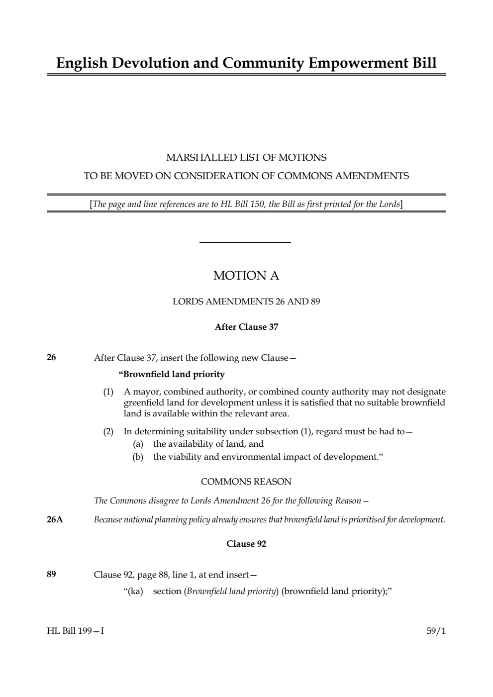 English Devolution and Community Empowerment Bill Marshalled List of motions to be moved on consideration of Commons amendments