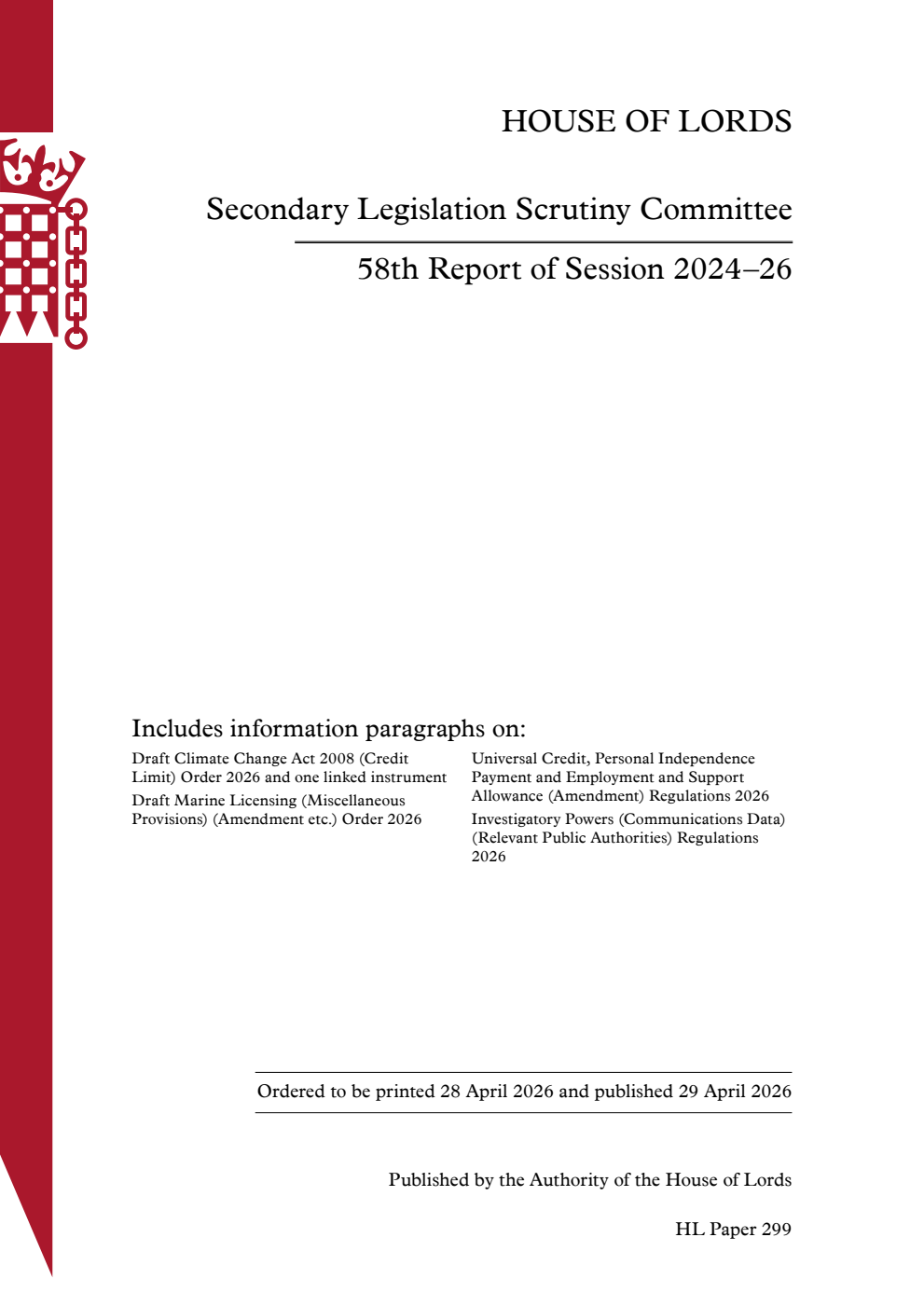 Secondary Legislation Scrutiny Committee 58th Report of Session 2024–26