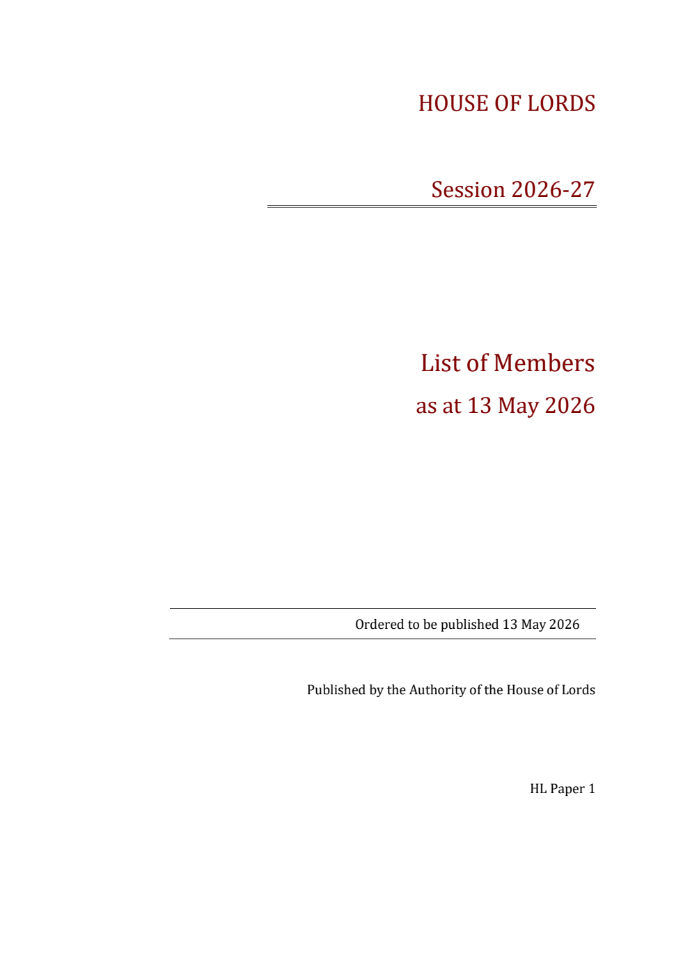 House of Lords: List of Members as at 13 May 2026