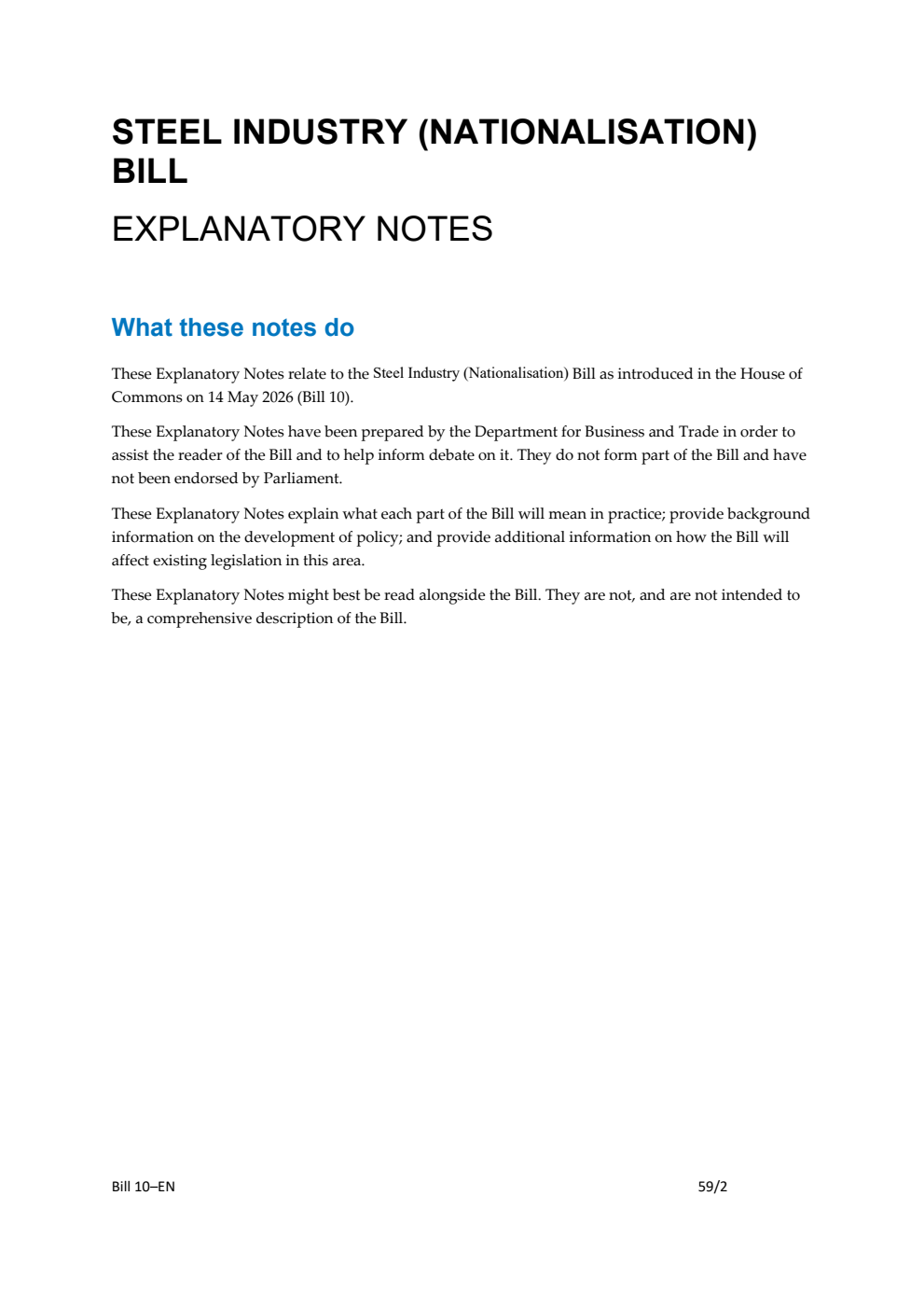 Steel Industry (Nationalisation) Bill Explanatory Notes