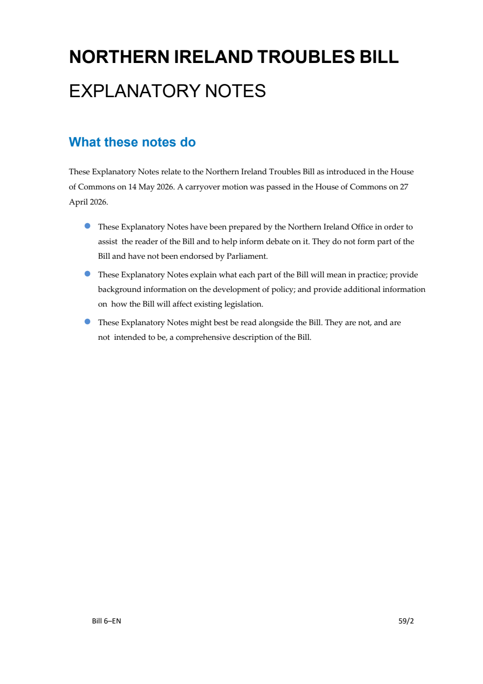 Northern Ireland Troubles Bill Explanatory Notes