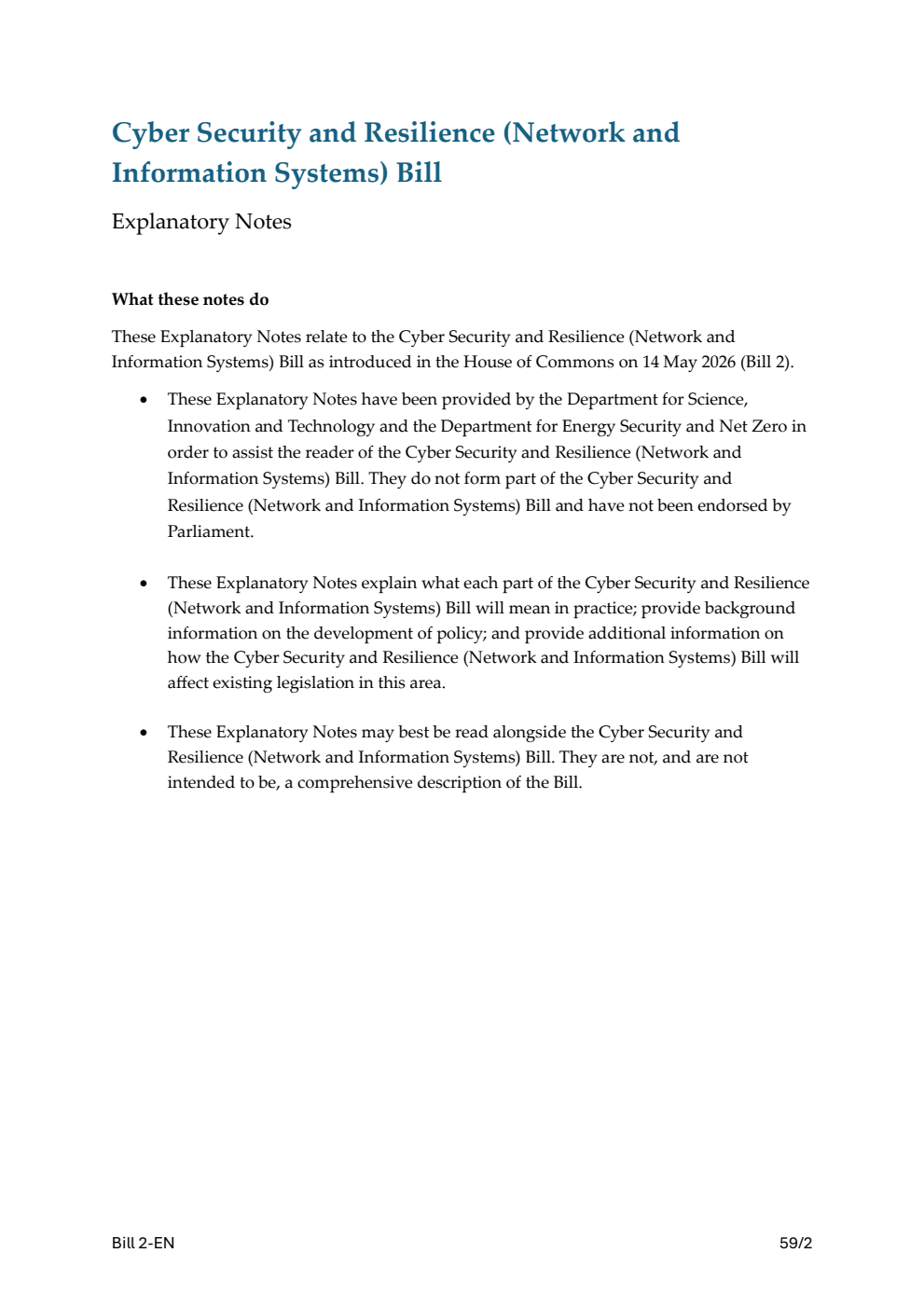 Cyber Security and Resilience (Network and Information Systems) Bill Explanatory Notes