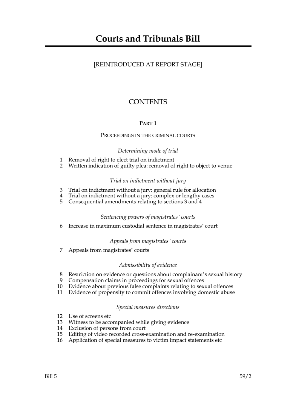 Courts and Tribunals Bill [Reintroduced at Report Stage]