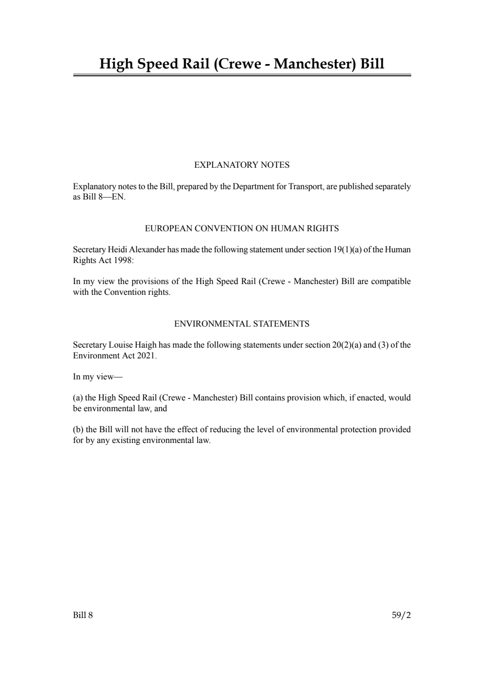 High Speed Rail (Crewe - Manchester) Bill [Reintroduced at Committee Stage]