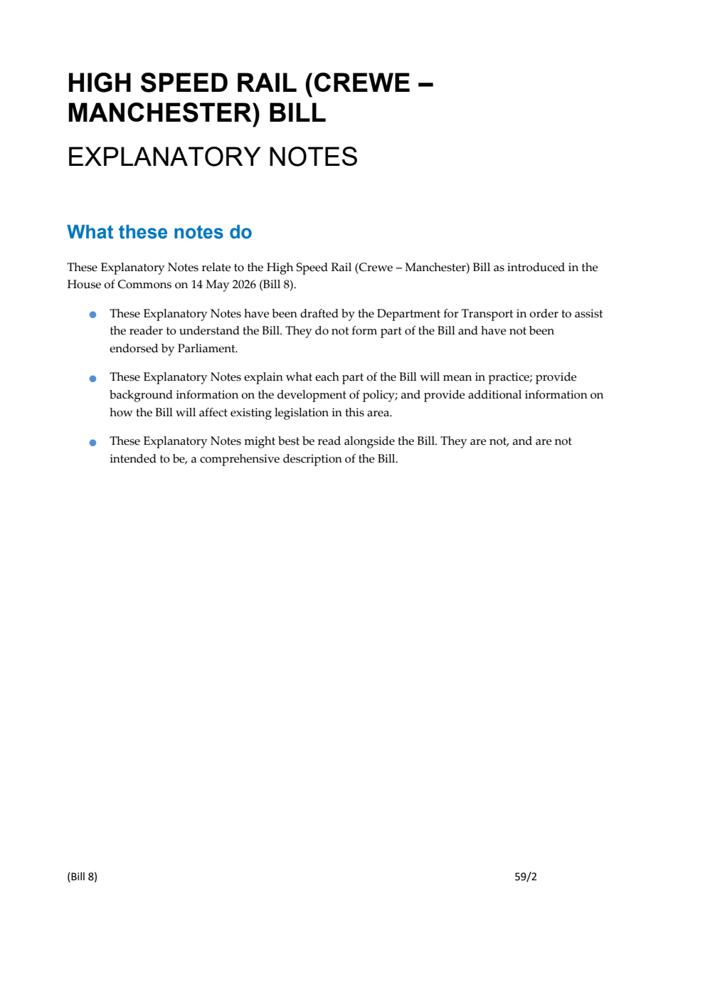 High Speed Rail (Crewe - Manchester) Bill Explanatory Notes