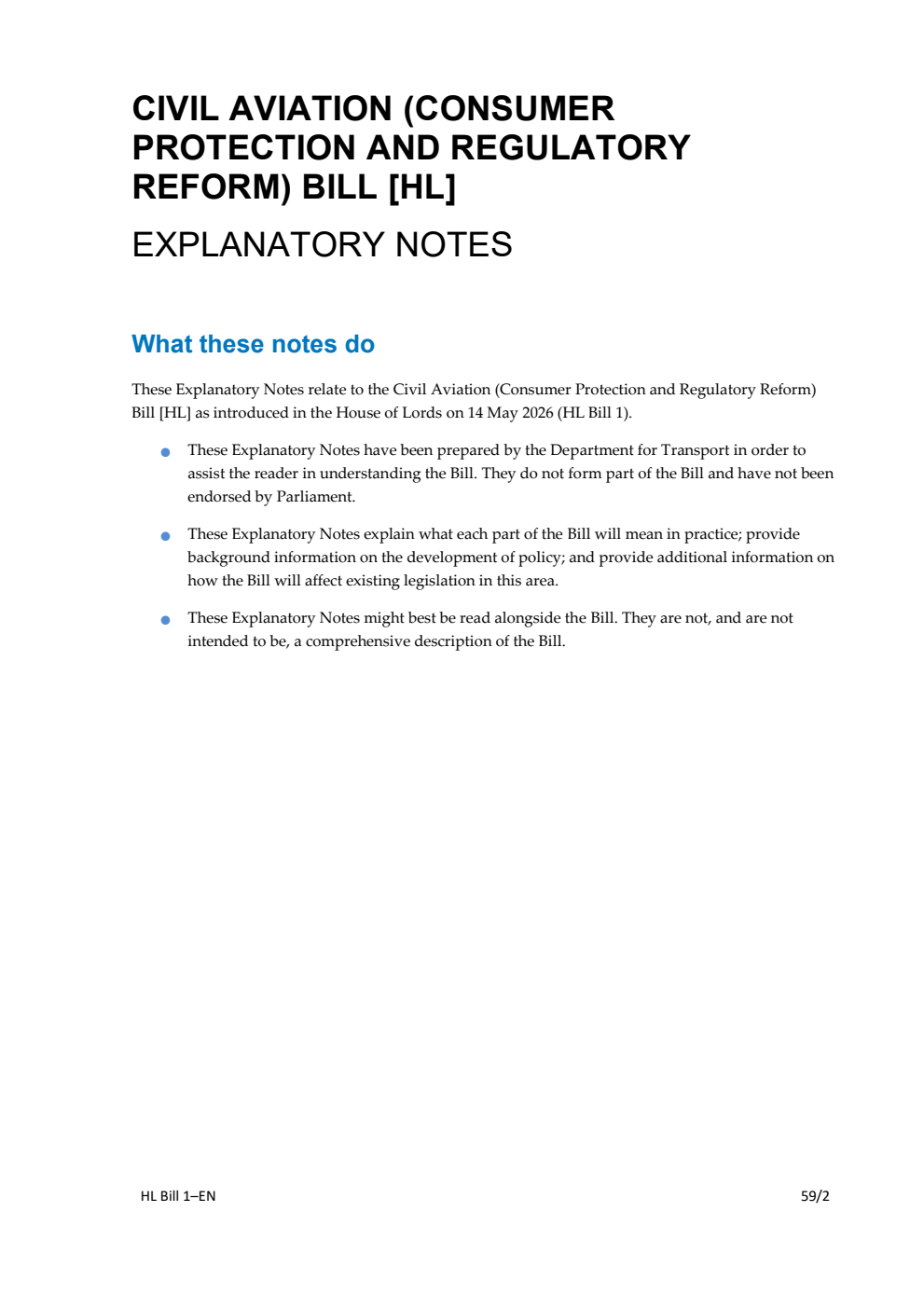 Civil Aviation (Consumer Protection and Regulatory Reform) Bill Explanatory Notes