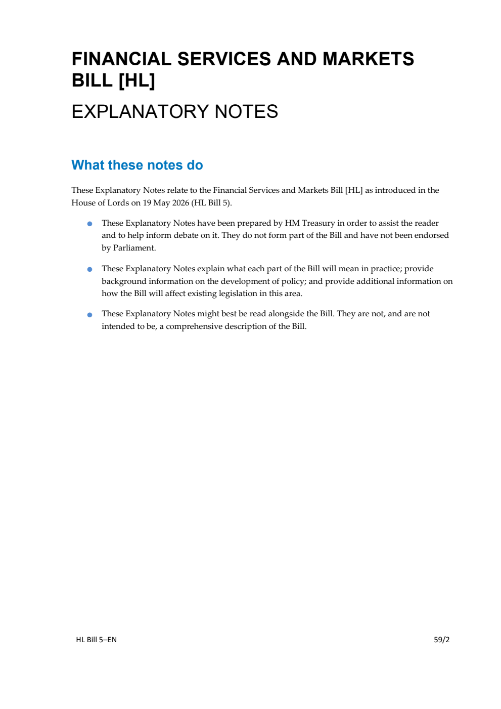 Financial Services and Markets Bill Explanatory Notes