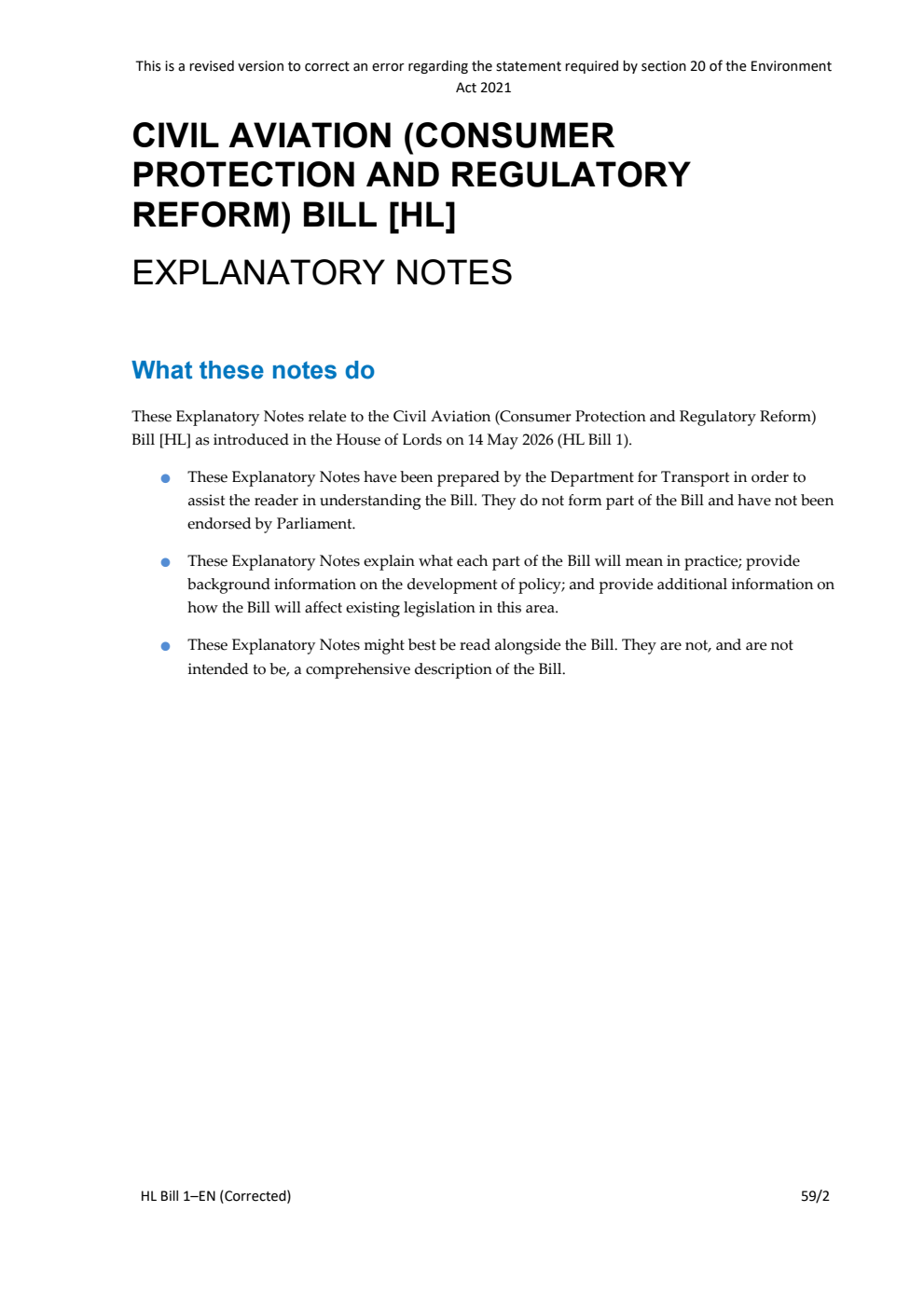 Civil Aviation (Consumer Protection and Regulatory Reform) Bill Explanatory Notes. Corrected copy