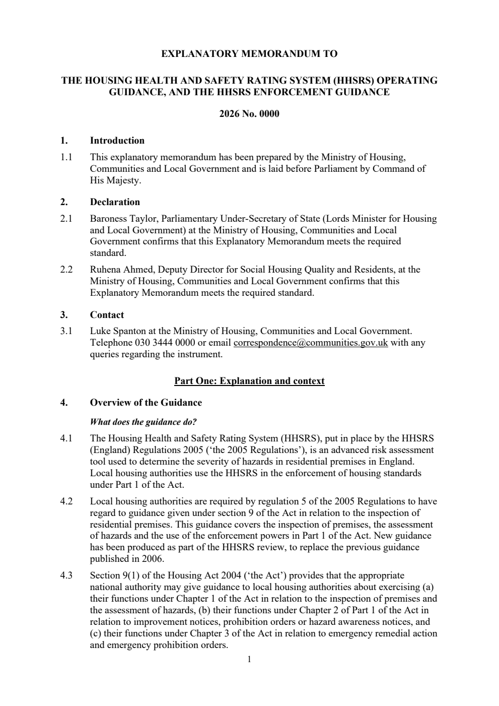 Explanatory Memorandum to the Housing Health and Safety Rating System (HHSRS) Operating Guidance, and the HHSRS Enforcement Guidance