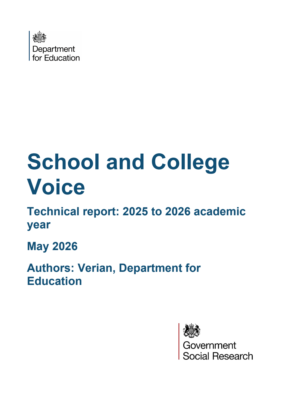 DFE-RR 1630/2 School and College Voice. Technical report: 2025 to 2026 academic year. May 2026