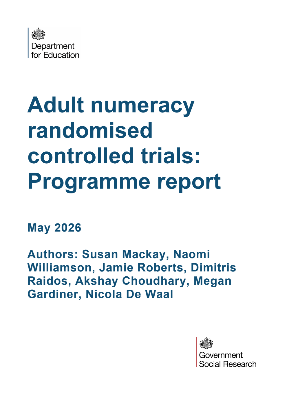DFE-RR 1628/1 Adult numeracy randomised controlled trials: Programme report. May 2026