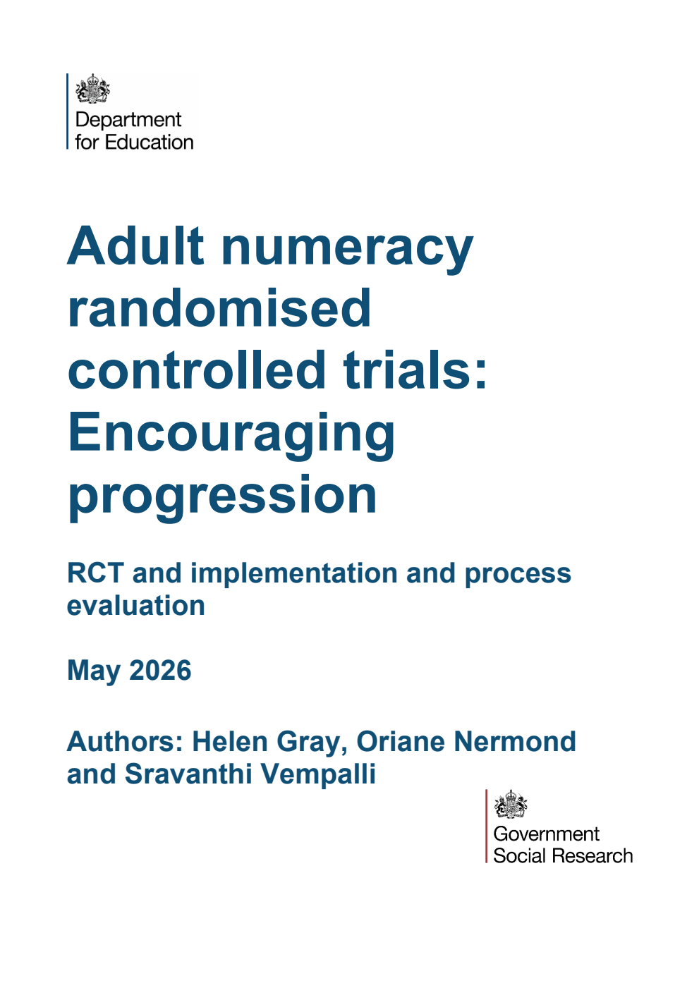 DFE-RR 1628/3 Adult numeracy randomised controlled trials: Encouraging progression. RCT and implementation and process evaluation. May 2026