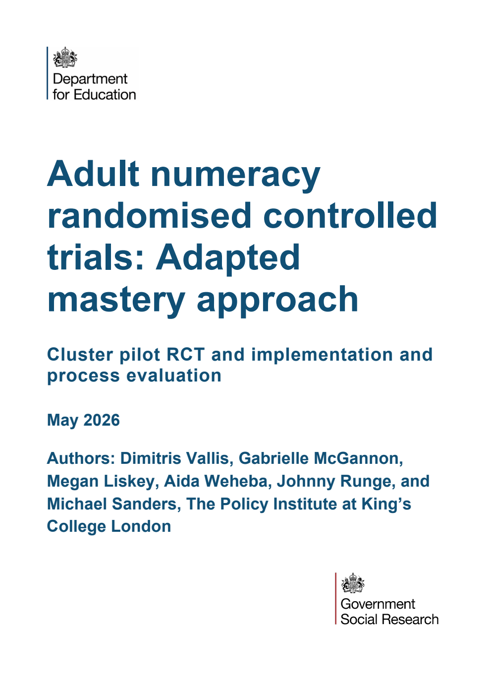 DFE-RR 1628/7 Adult numeracy randomised controlled trials: Adapted mastery approach. Cluster pilot RCT and implementation and process evaluation. May 2026