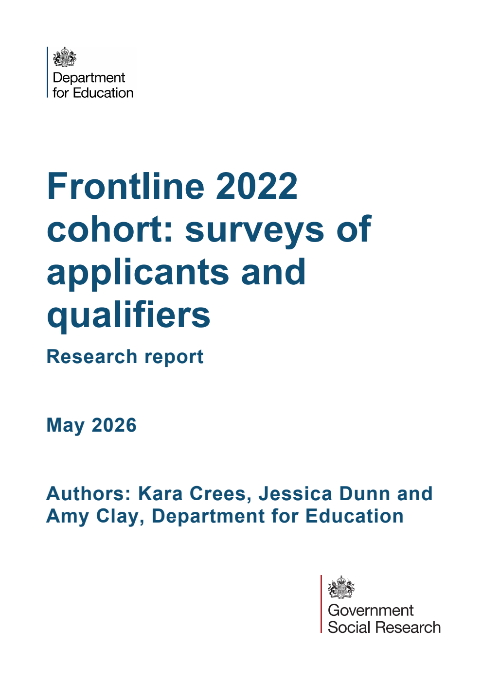 DFE-RR 1627 Frontline 2022 cohort: surveys of applicants and qualifiers. Research report. May 2026
