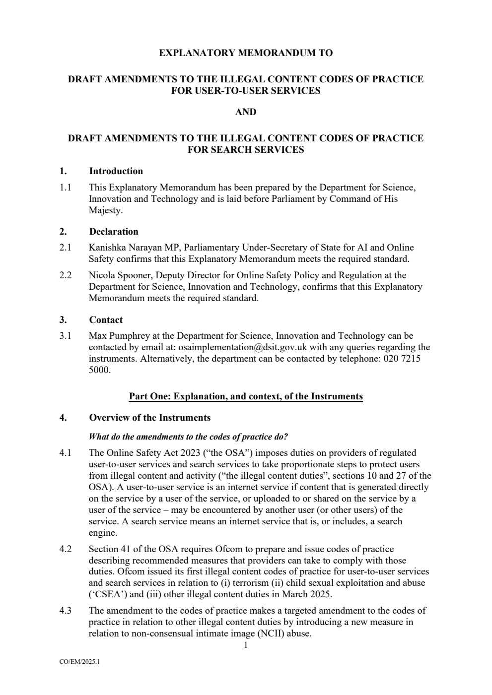 Explanatory memorandum: Draft amendments to the Illegal content Codes of Practice for user-to-user services and Draft Amendments to the Illegal Content Codes of Practice for search services