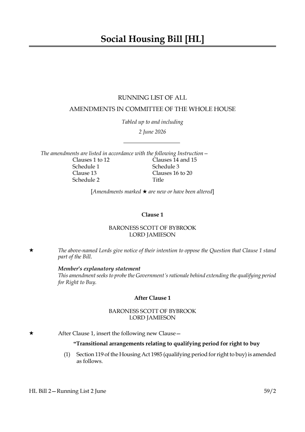 Social Housing Bill Running List of all amendments in Committee of the Whole House tabled up to and including 2 June 2026