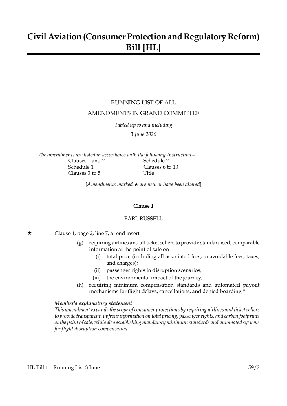 Civil Aviation (Consumer Protection and Regulatory Reform) Bill Running List of all amendments in Grand Committee tabled up to and including 3 June 2026
