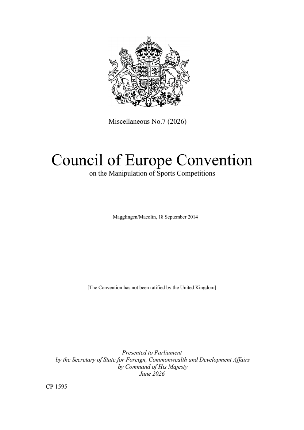 Miscellaneous No.7 (2026) Council of Europe Convention on the Manipulation of Sports Competitions. Magglingen/Macolin, 18 September 2014