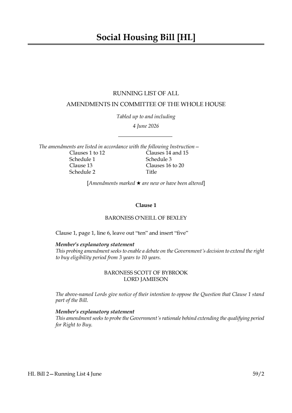 Social Housing Bill Running List of all amendments in Committee of the Whole House tabled up to and including 4 June 2026
