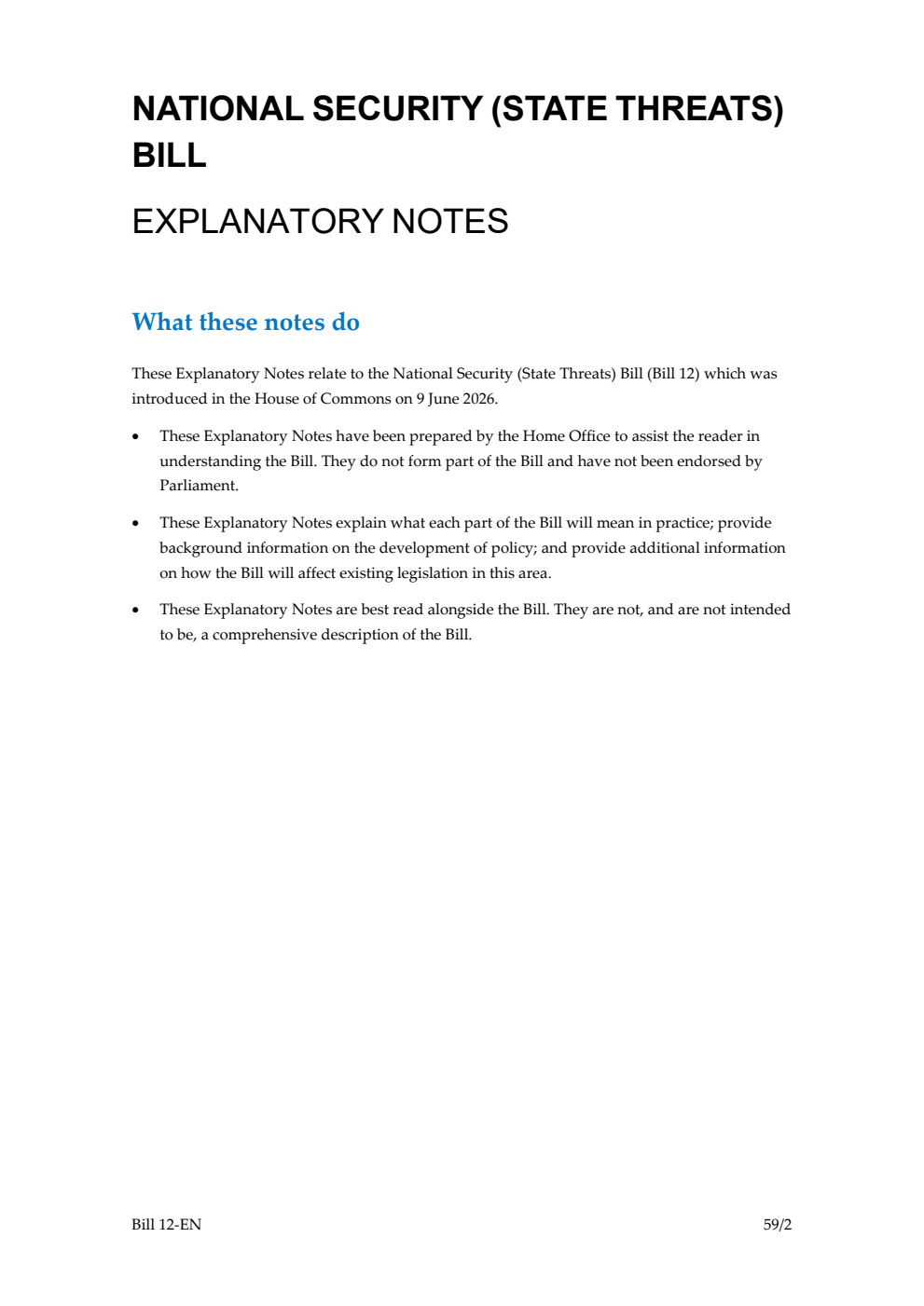 National Security (State Threats) Bill Explanatory Notes
