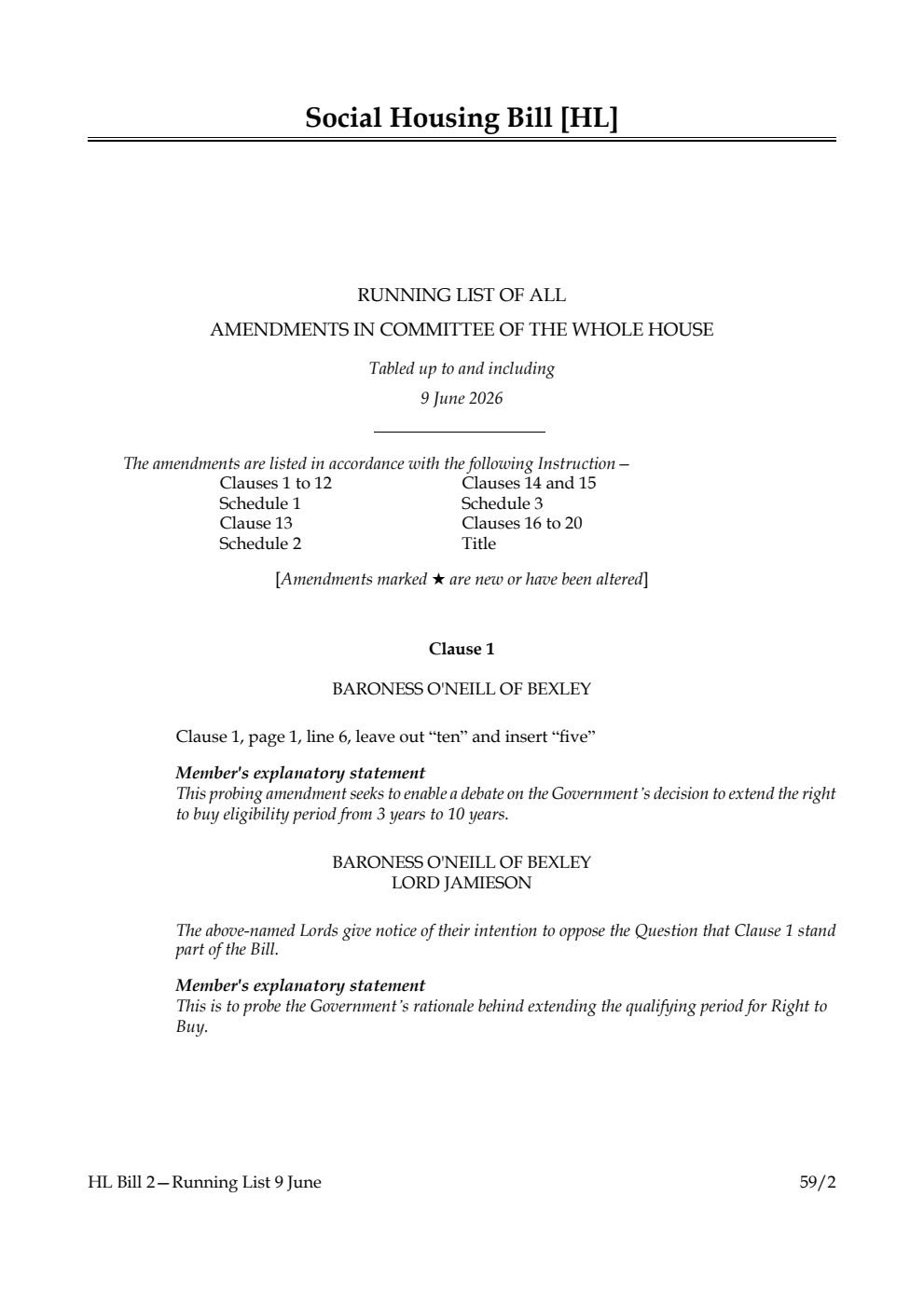 Social Housing Bill Running List of all amendments in Committee of the Whole House tabled up to and including 9 June 2026