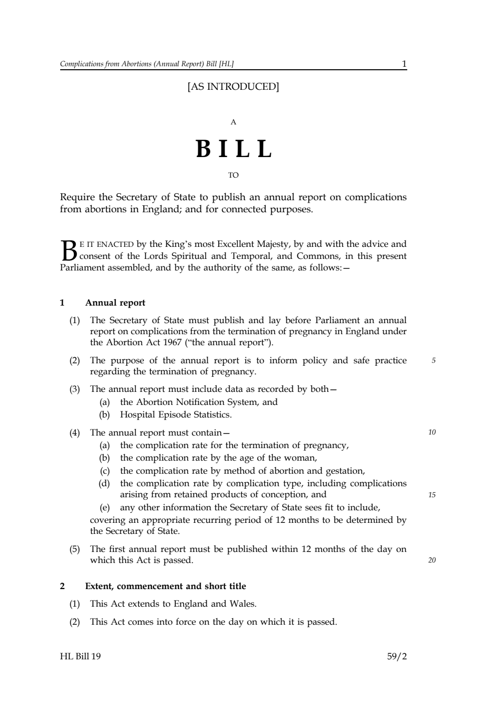 Complications From Abortions (Annual Report) Bill