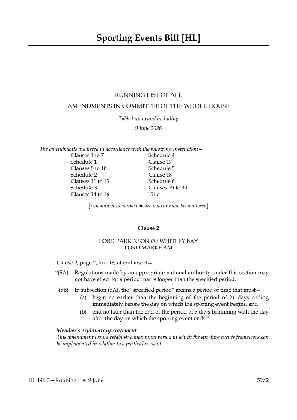 Sporting Events Bill Running List of all amendments in Committee of the Whole House tabled up to and including 9 June 2026