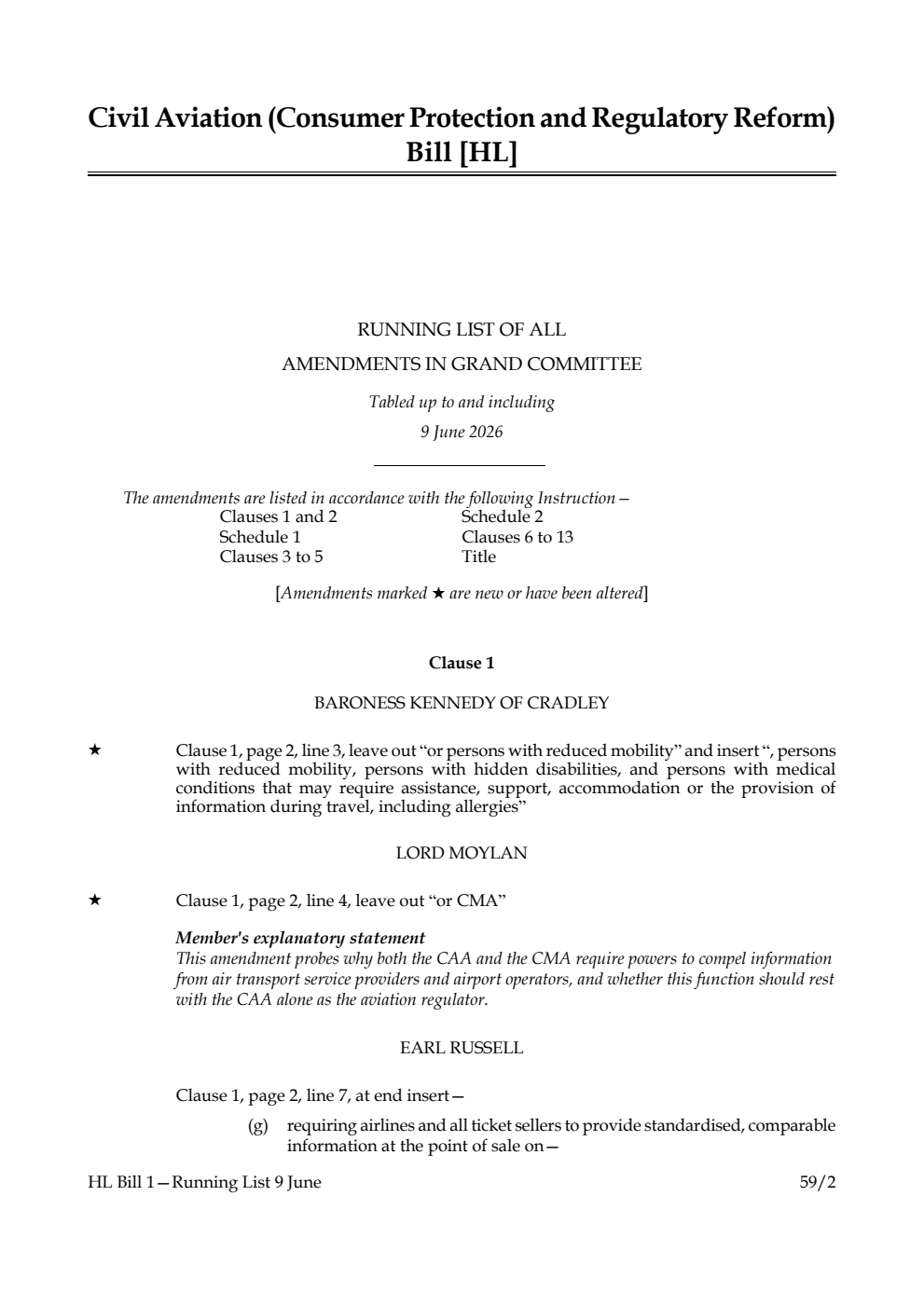 Civil Aviation (Consumer Protection and Regulatory Reform) Bill Running List of all amendments in Grand Committee tabled up to and including 9 June 2026